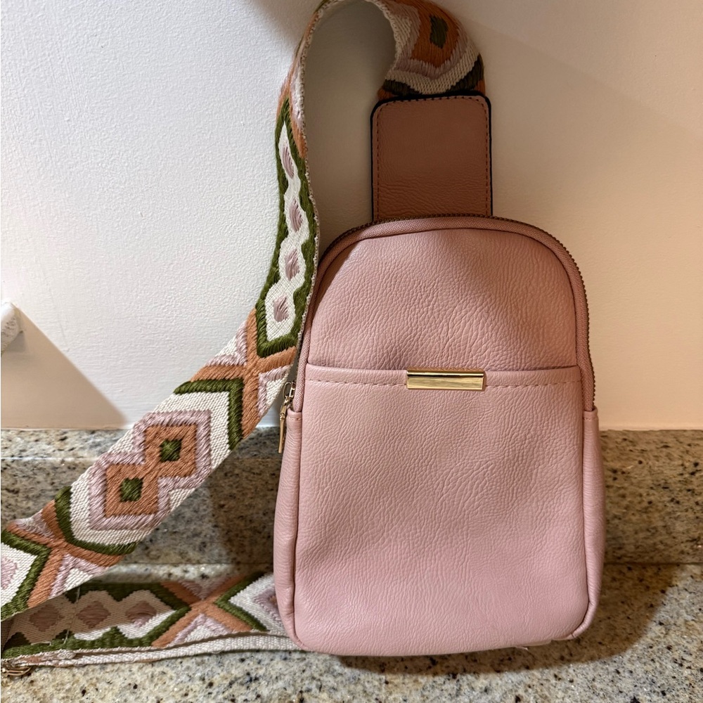 Pink Crossbody Bag with Patterned Strap